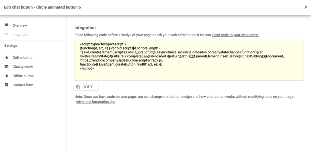 Code d'intégration du bouton de chat Silverstripe dans LiveAgent
