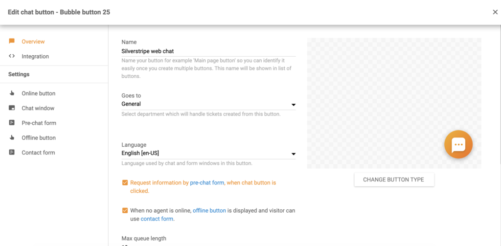 Configuration du bouton de chat Silverstripe dans LiveAgent