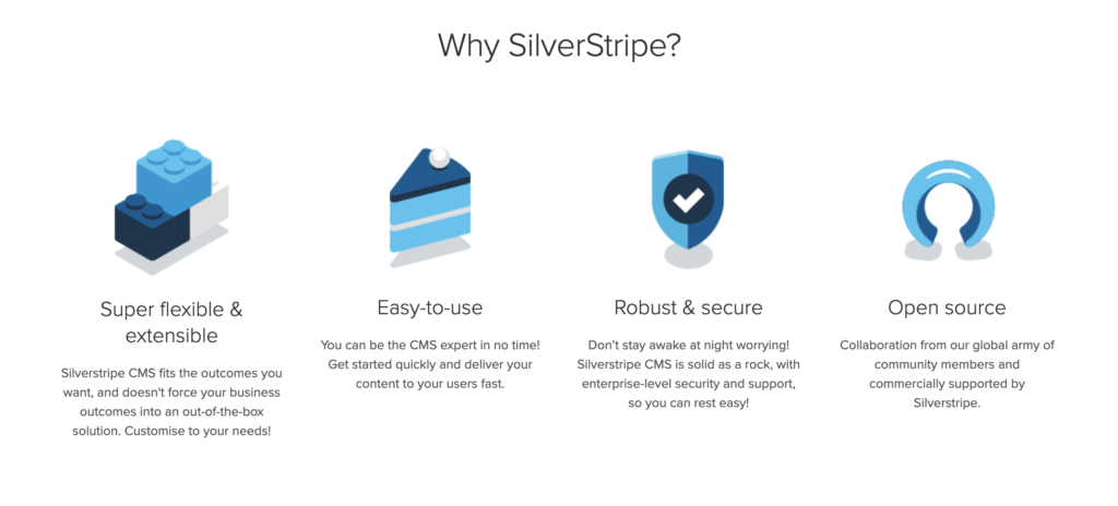 Page d'accueil de Silverstripe avec les fonctionnalités listées