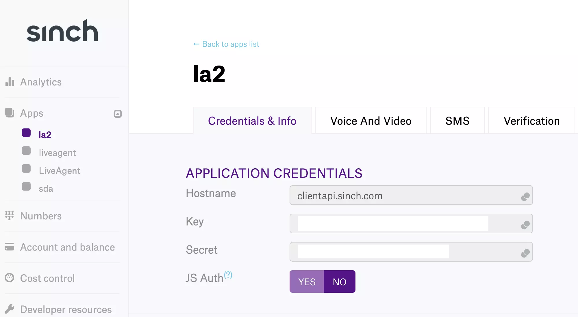 Clé et secret de l'application Sinch dans la deuxième application
