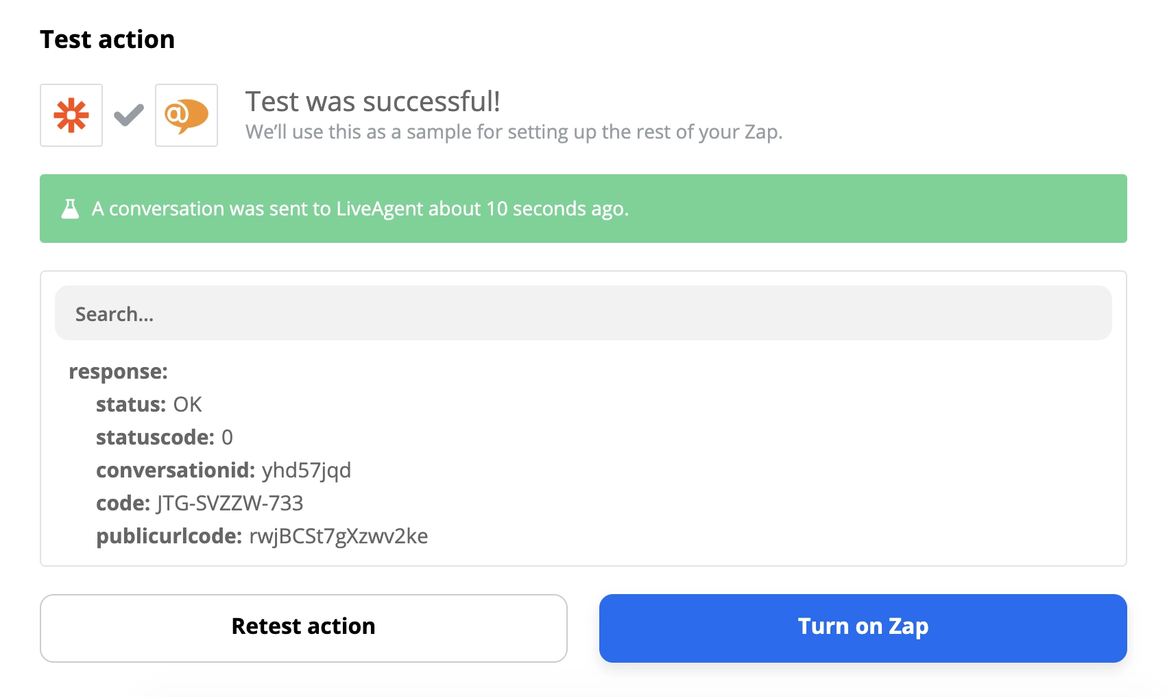 Test réussi d'une intégration LiveAgent et Slack sur Zapier