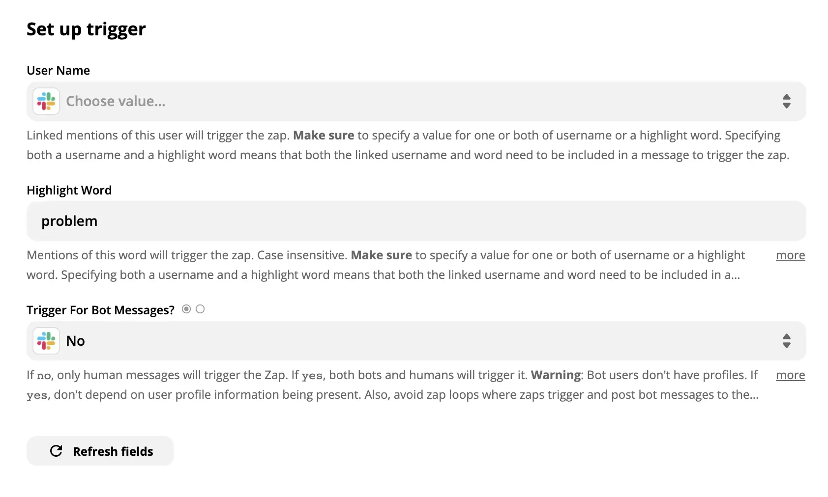 Exemple de configuration d'un déclencheur Slack sur Zapier