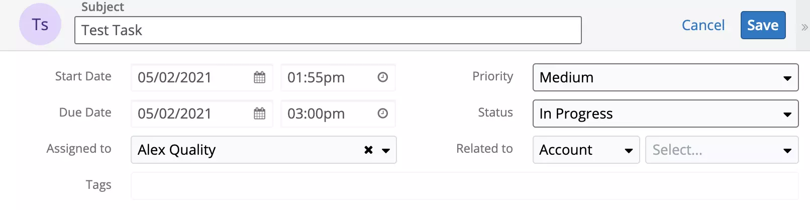 Une nouvelle tâche a été créée dans SugarCRM