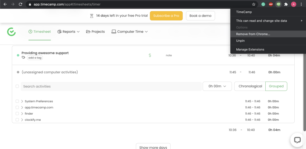 Options du plugin TimeCamp dans Google Chrome