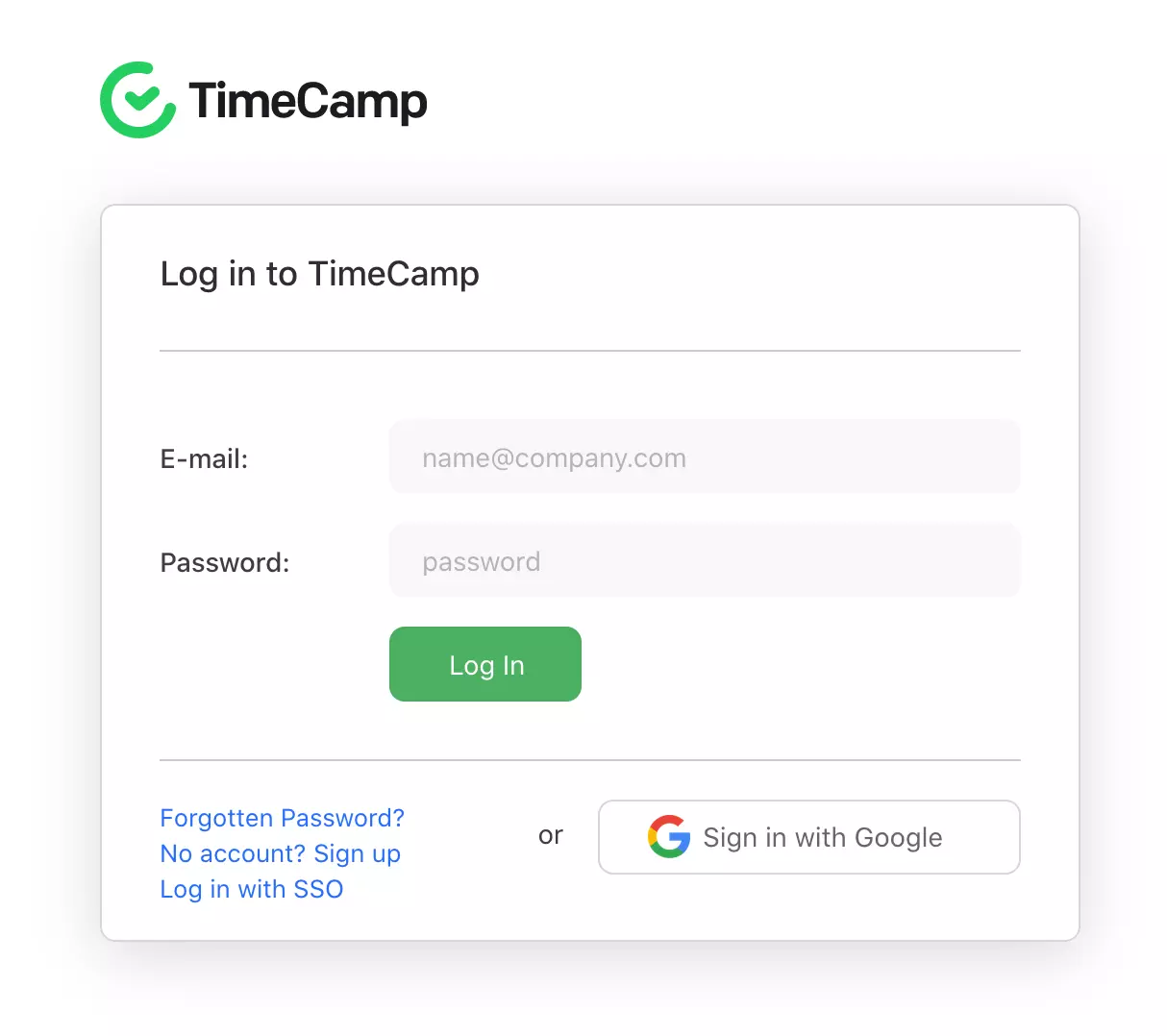 Page de connexion TimeCamp
