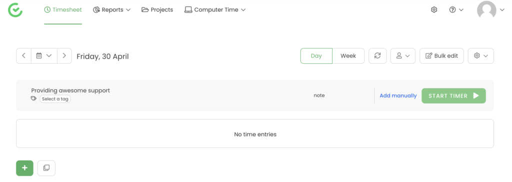 Sélection de projet TimeCamp avec démarrage du minuteur