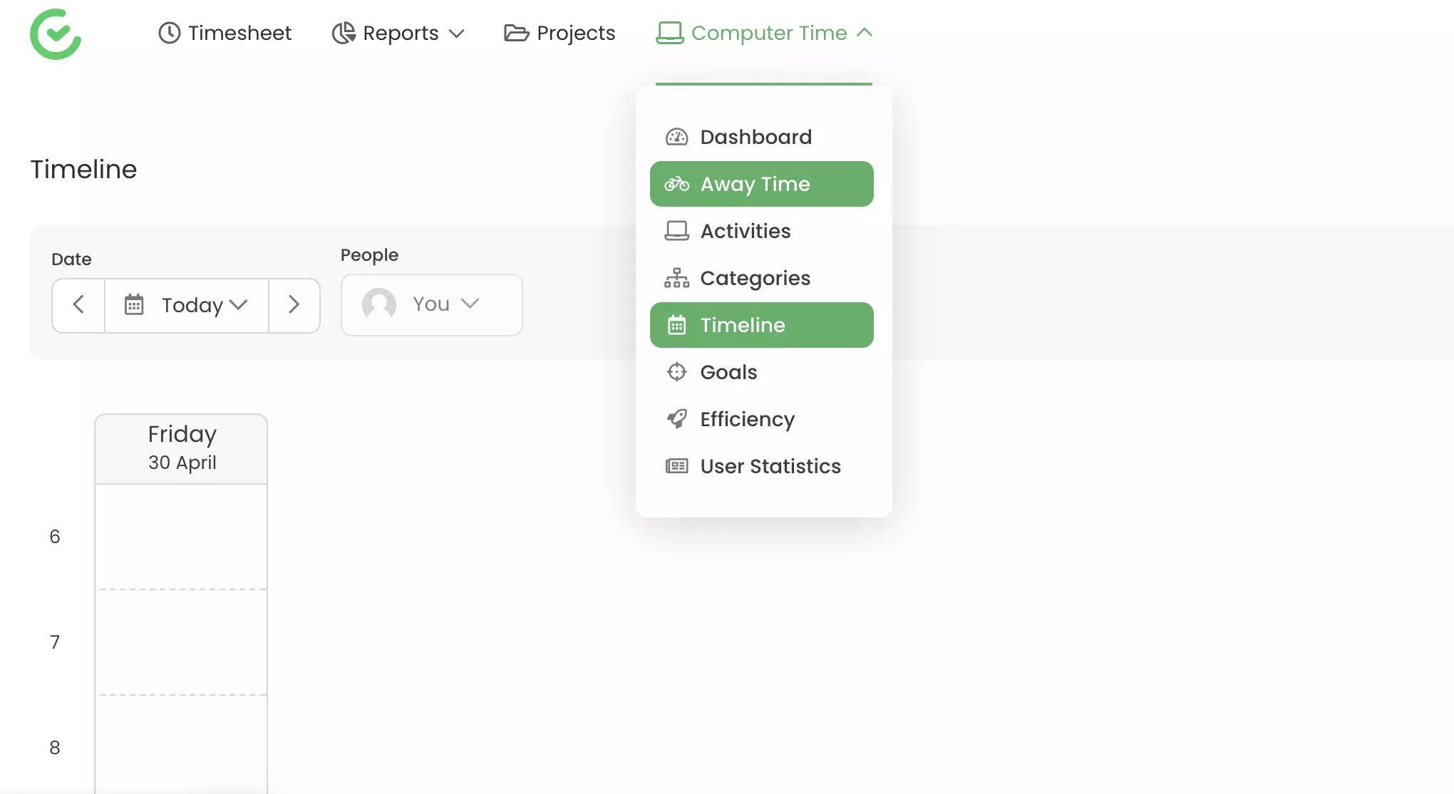 Capacités de suivi telles que le temps d'absence et la timeline visibles dans TimeCamp