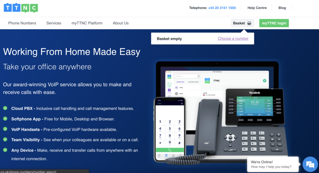 Site Web TTNC avec panier et option choisir un numéro en haut à droite