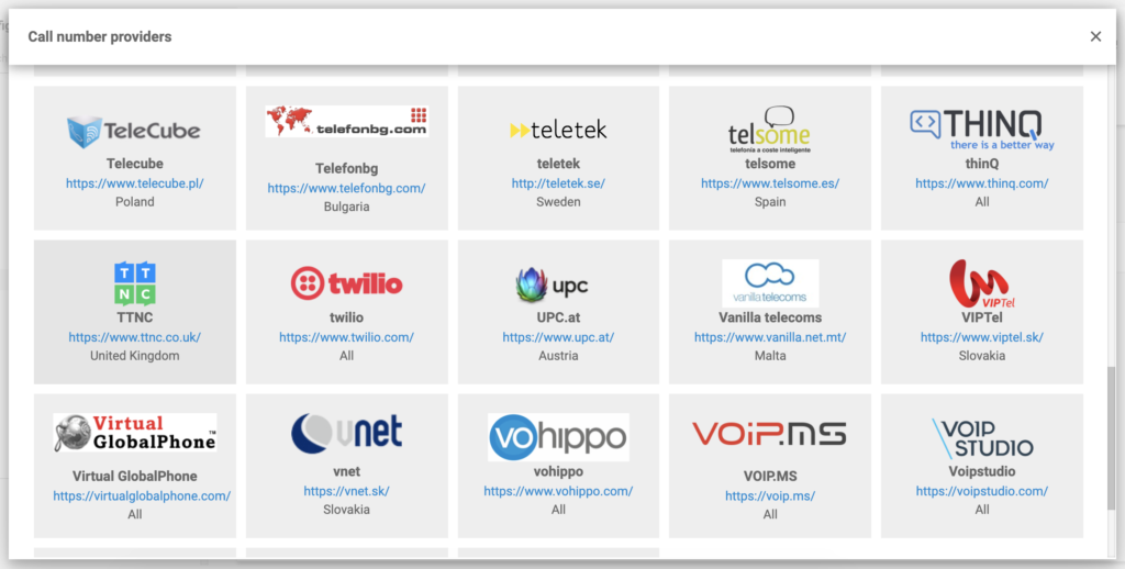 TTNC dans la liste des fournisseurs VoIP dans la configuration de LiveAgent