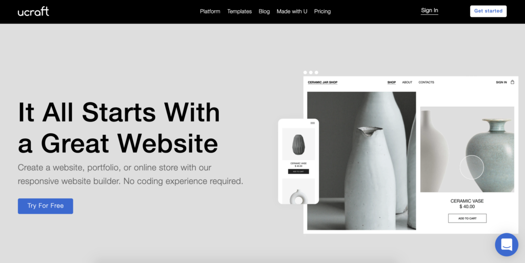 Page d'accueil Ucraft avec le bouton Commencer en haut à droite