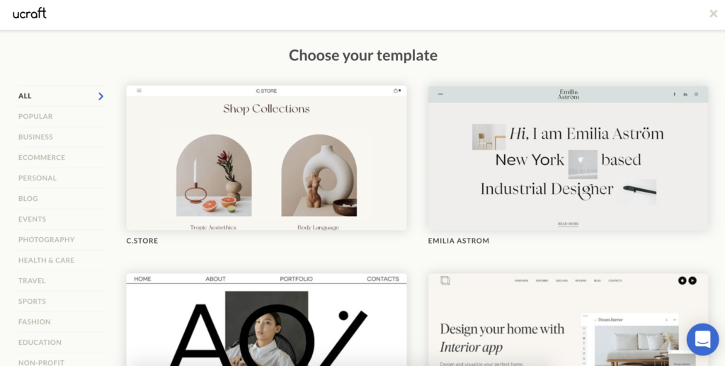 Écran de sélection de modèle Ucraft avec plusieurs options de modèle