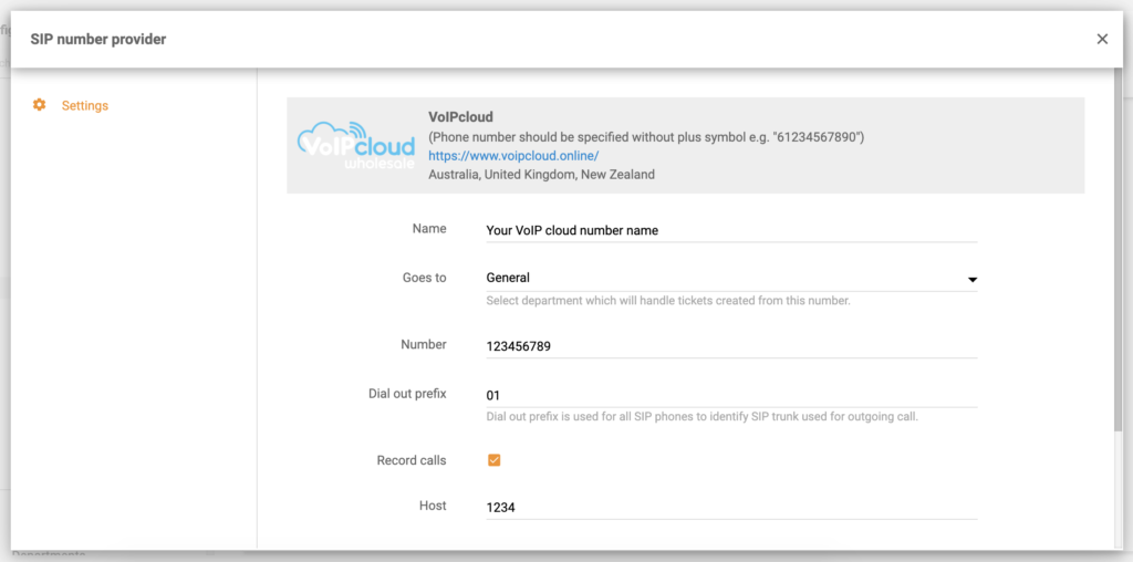 Détails du numéro d'appel VoIPcloud dans la configuration de LiveAgent