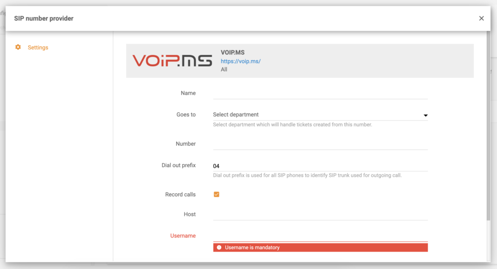 Configuration VoIP.ms dans les paramètres d'appel LiveAgent