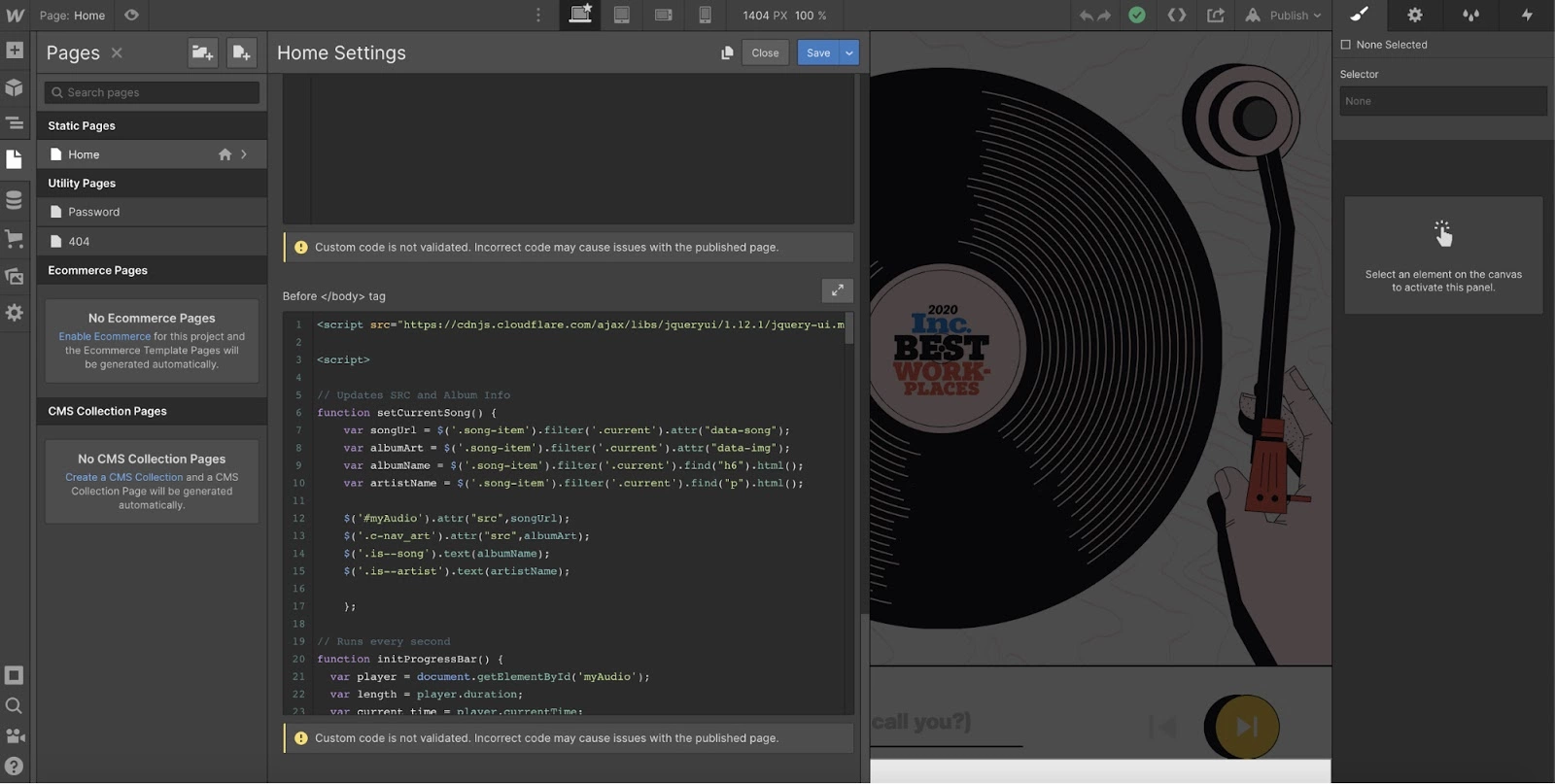 Option de code personnalisé Webflow dans le processus d'intégration de LiveAgent