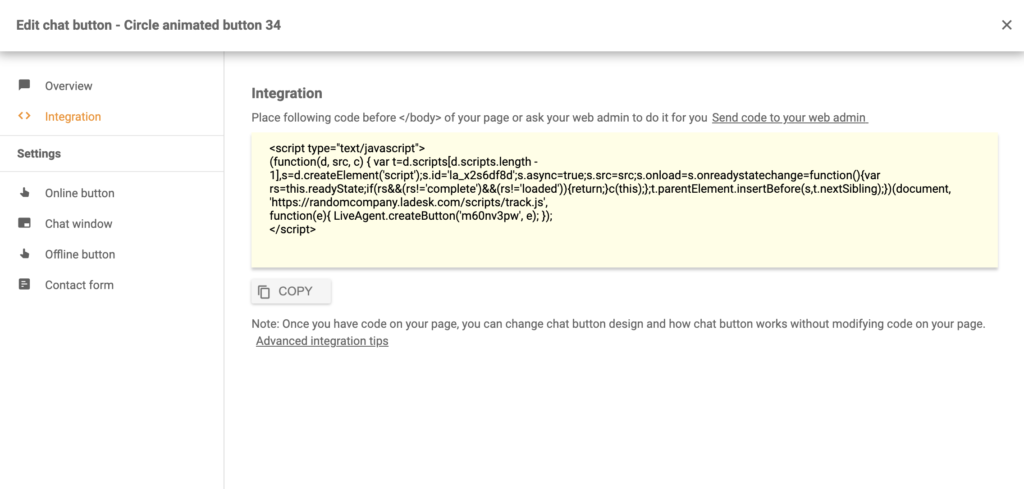 Code du bouton de chat après configuration réussie dans LiveAgent