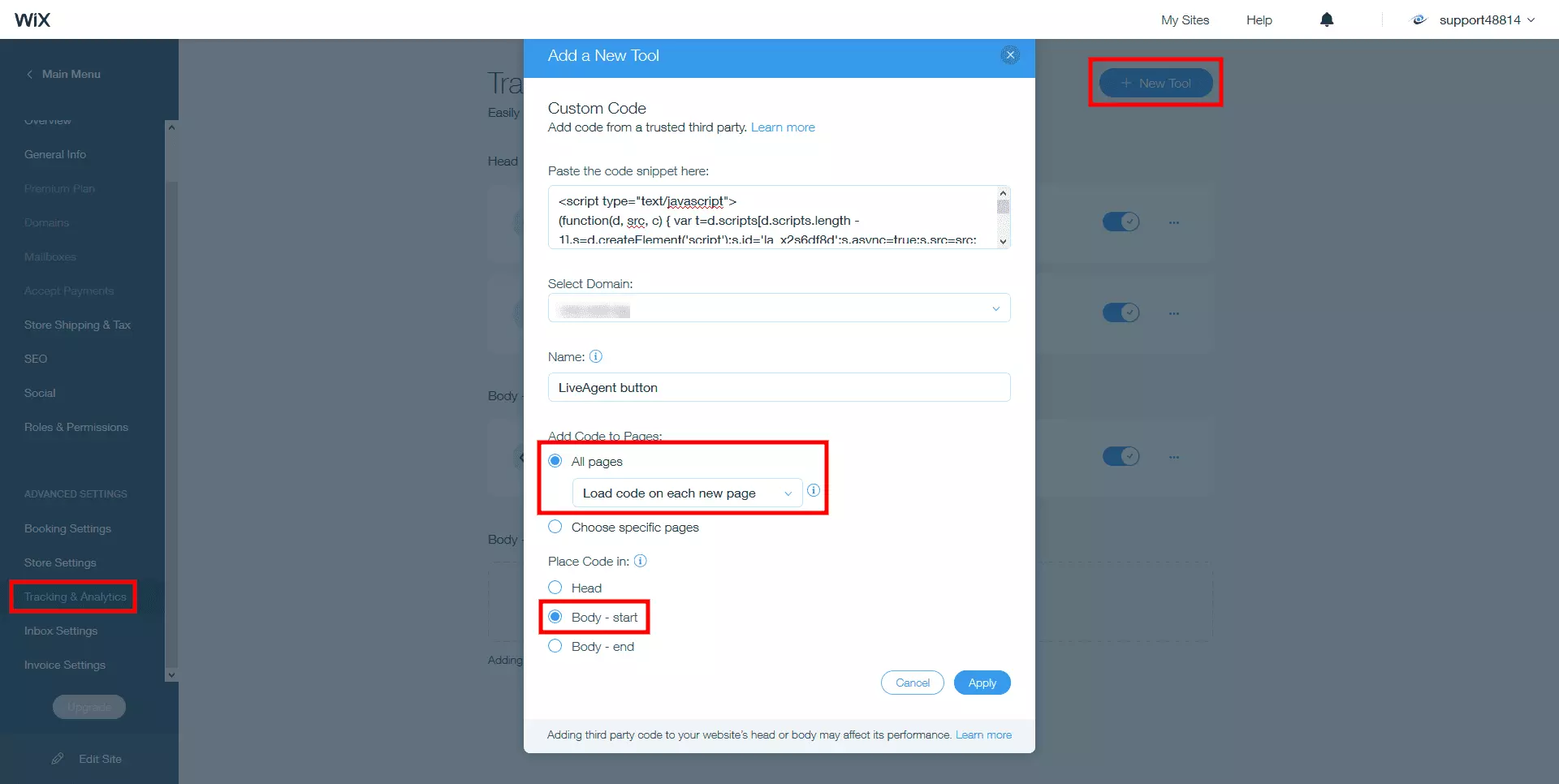 Placez le code de chat en direct LiveAgent dans le corps du site Wix