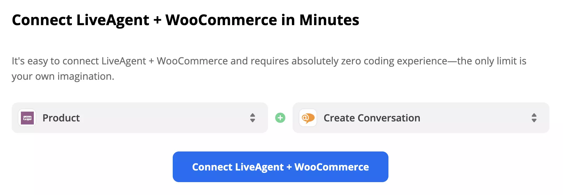 Déclencheur WooCommerce et action LiveAgent sélectionnés sur la page des intégrations Zapier