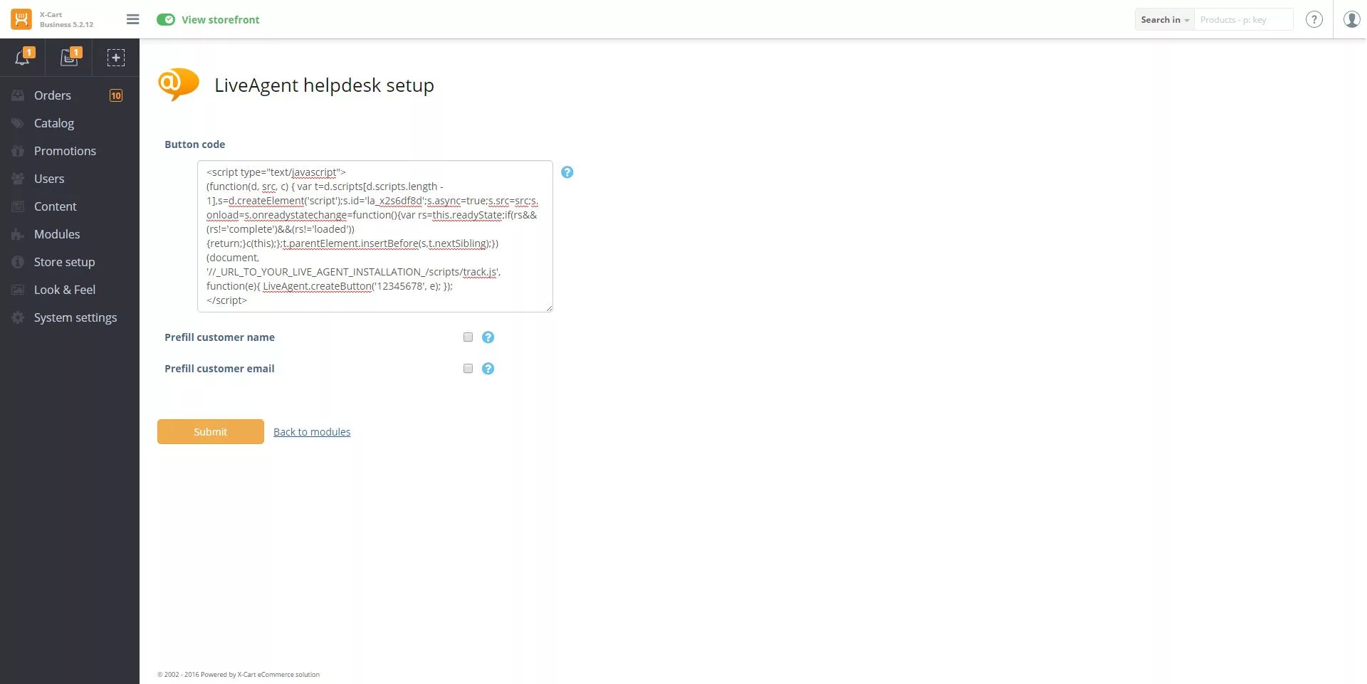 Configuration du code d'intégration X-Cart LiveAgent