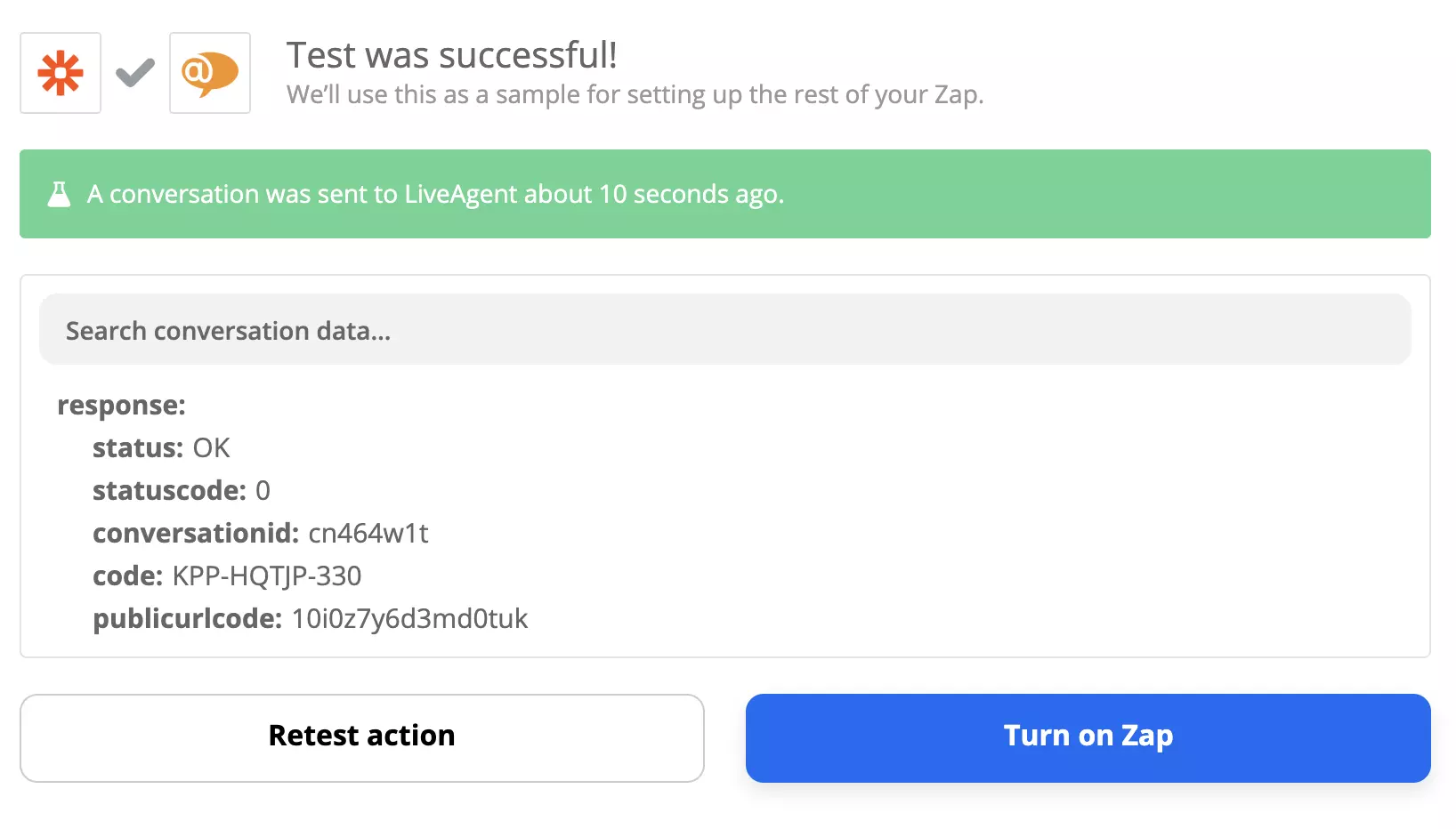 Un test réussi d'une intégration Xero et LiveAgent sur Zapier