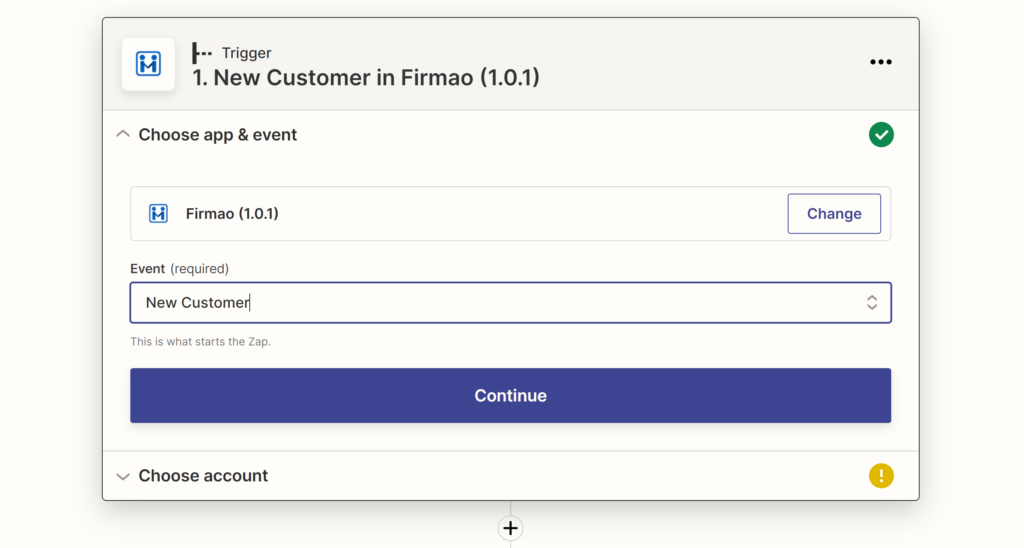 Sélection d'un événement Firmao lors de la configuration de l'intégration sur Zapier