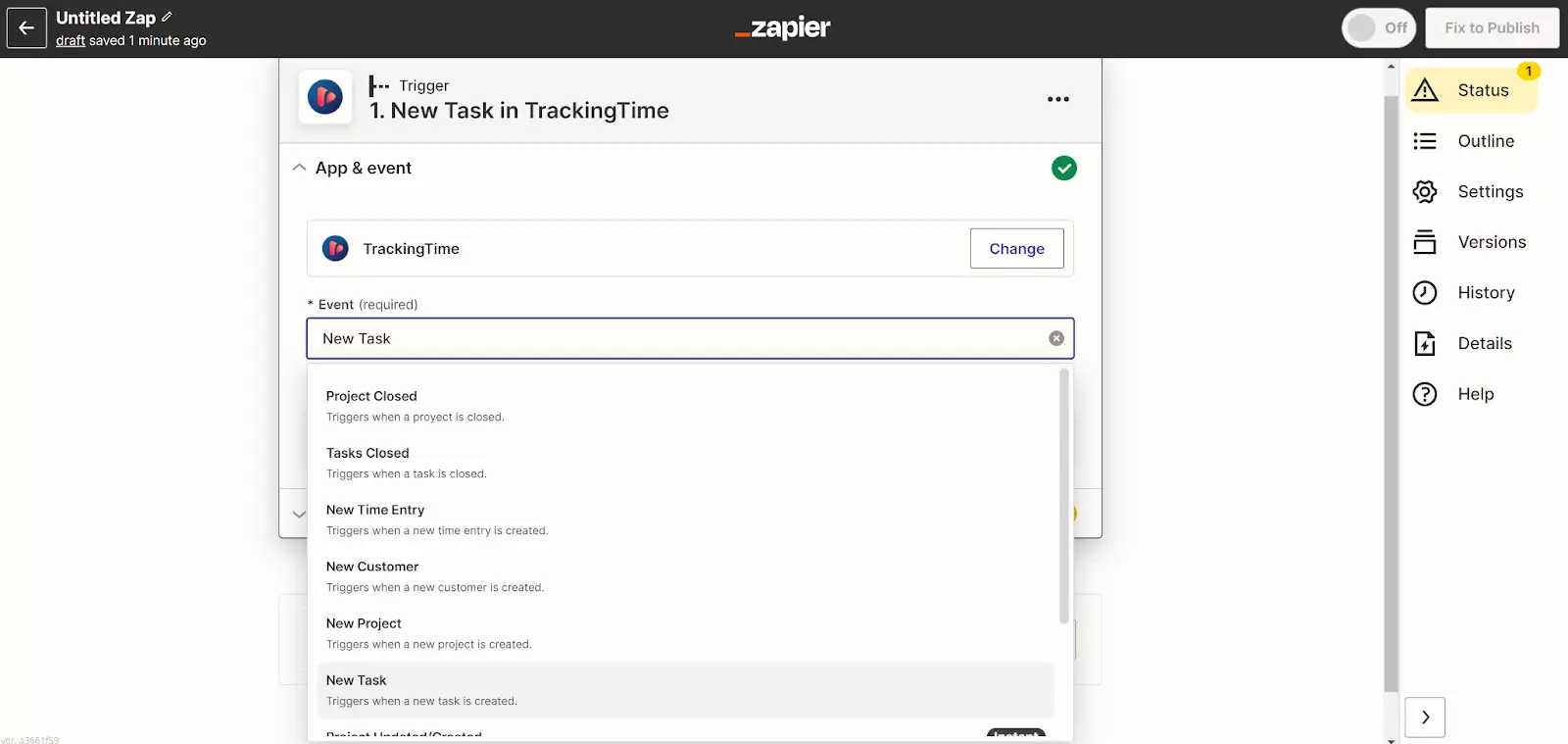 Zapier - nouvelle tâche dans TrackingTime