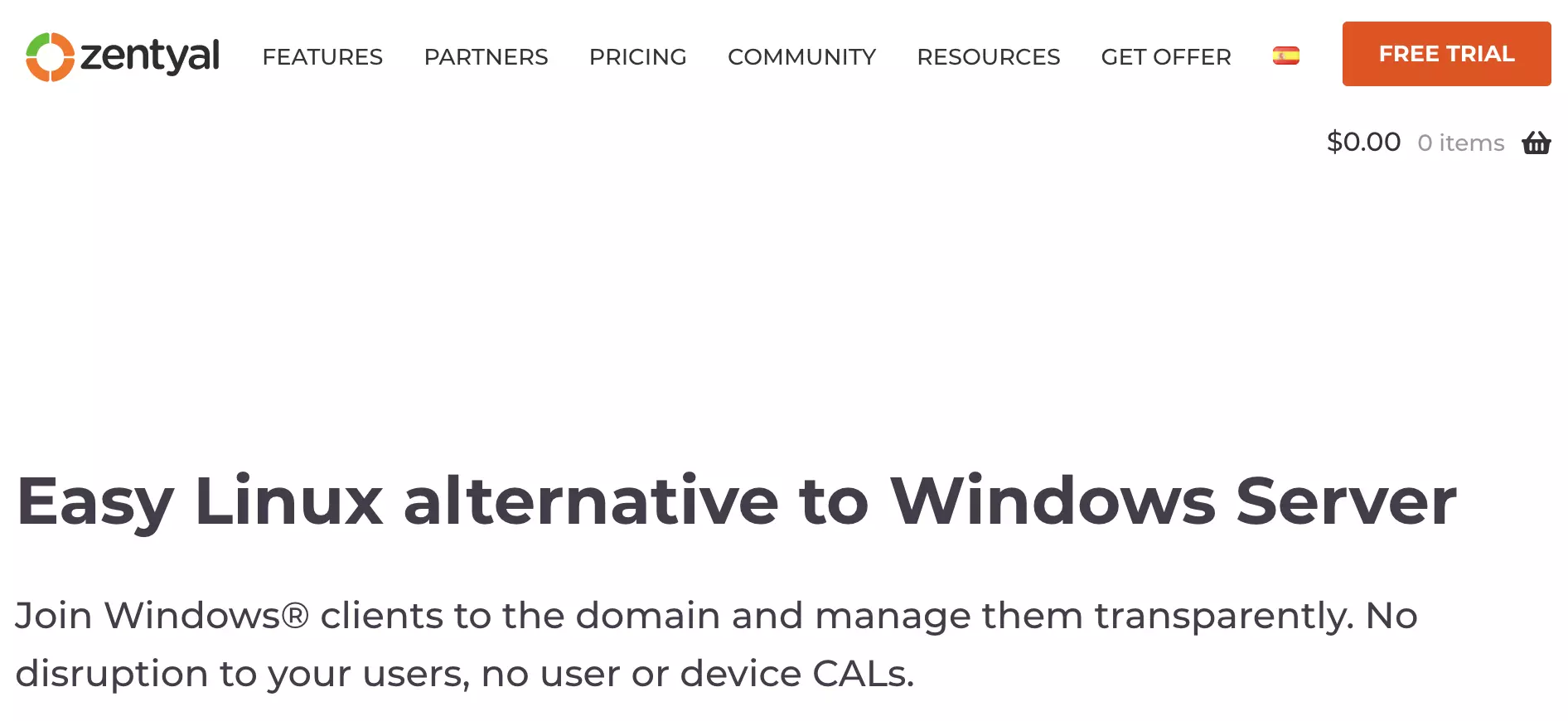 Page d'accueil de Zentyal avec sous-pages et informations