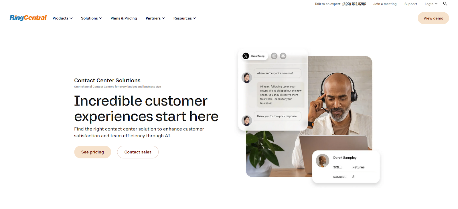 Page d'accueil du logiciel RingCentral Contact Center