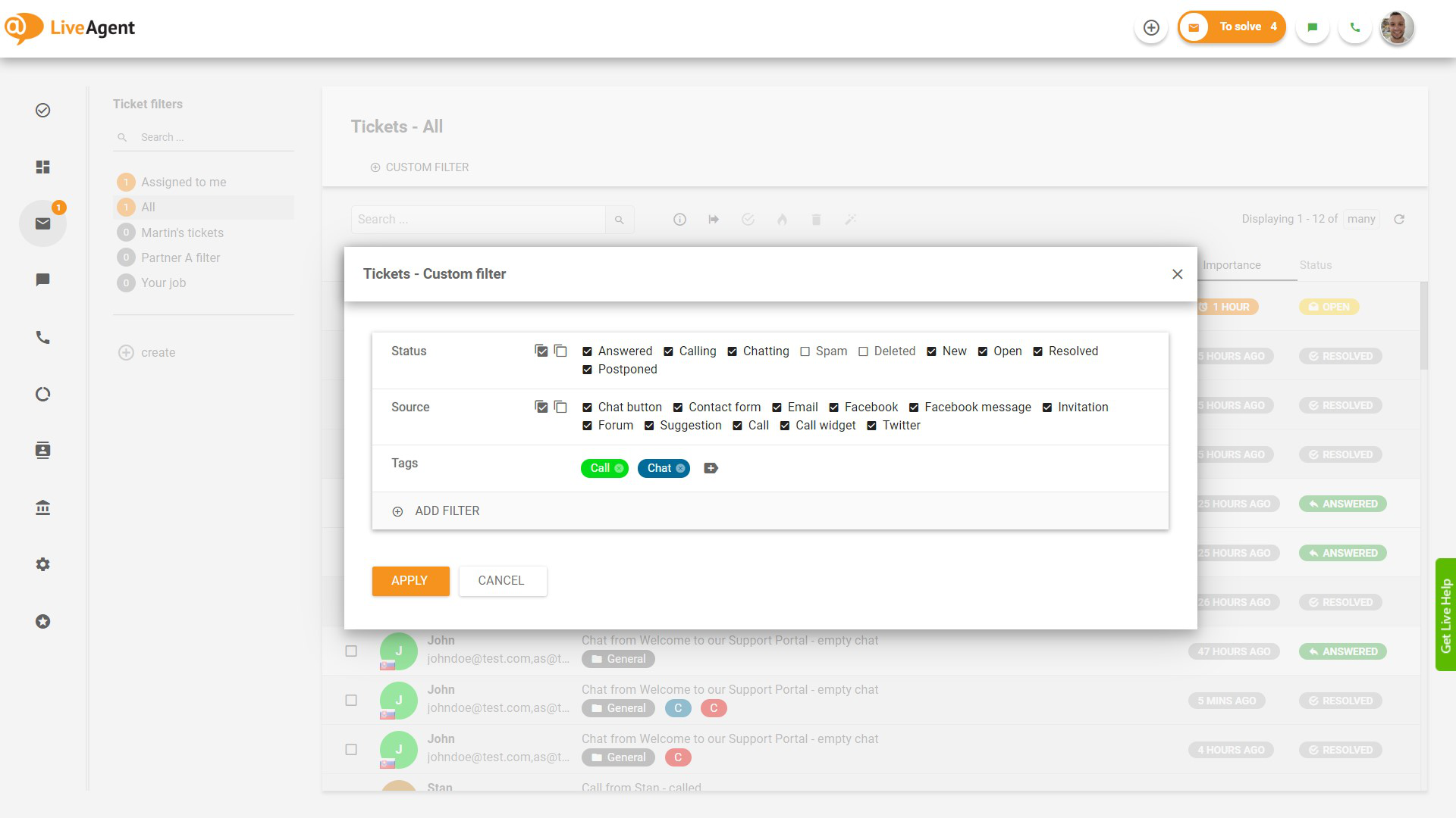 Fonctionnalité de filtrage des tickets par étiquettes dans LiveAgent