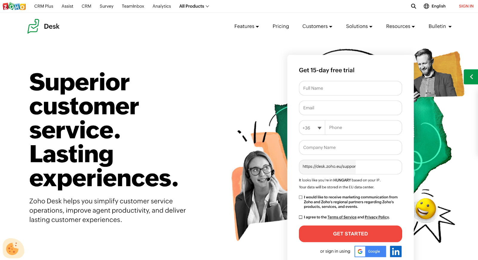 Disposition de la page d'accueil de Zoho Desk décrivant ses fonctionnalités
