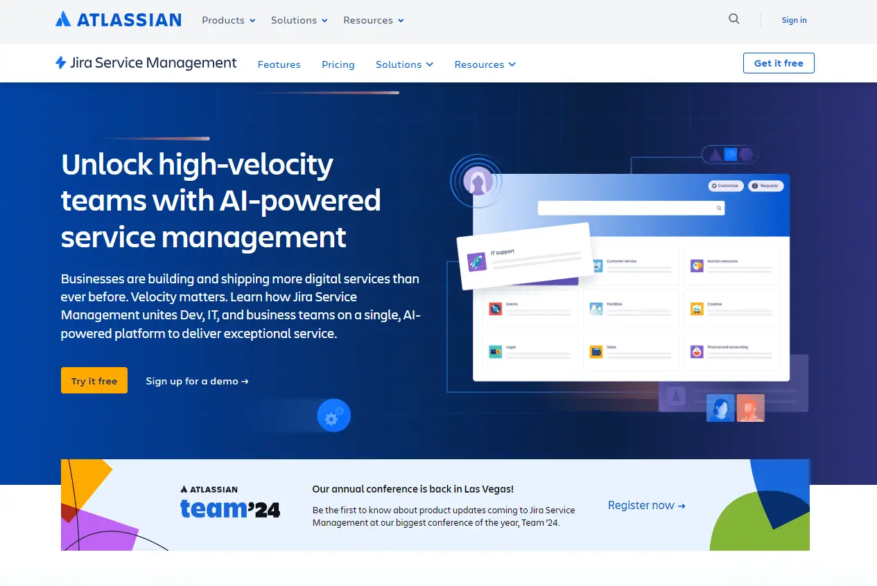 Page d'accueil de Jira Service Management, une alternative Help Scout pour le logiciel d'assistance