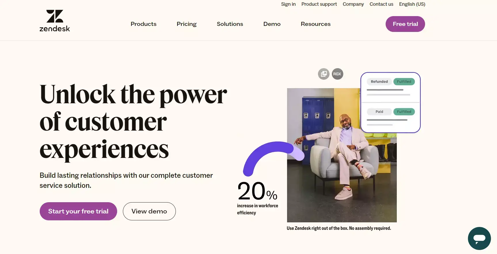 Page d'accueil de Zendesk Suite - logiciel de chat en direct pour le commerce électronique orienté vers les relations
