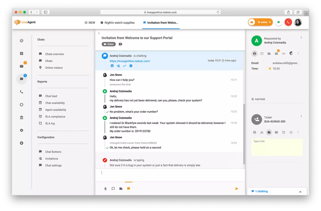 Aperçu de l'interface de chat en direct dans LiveAgent.