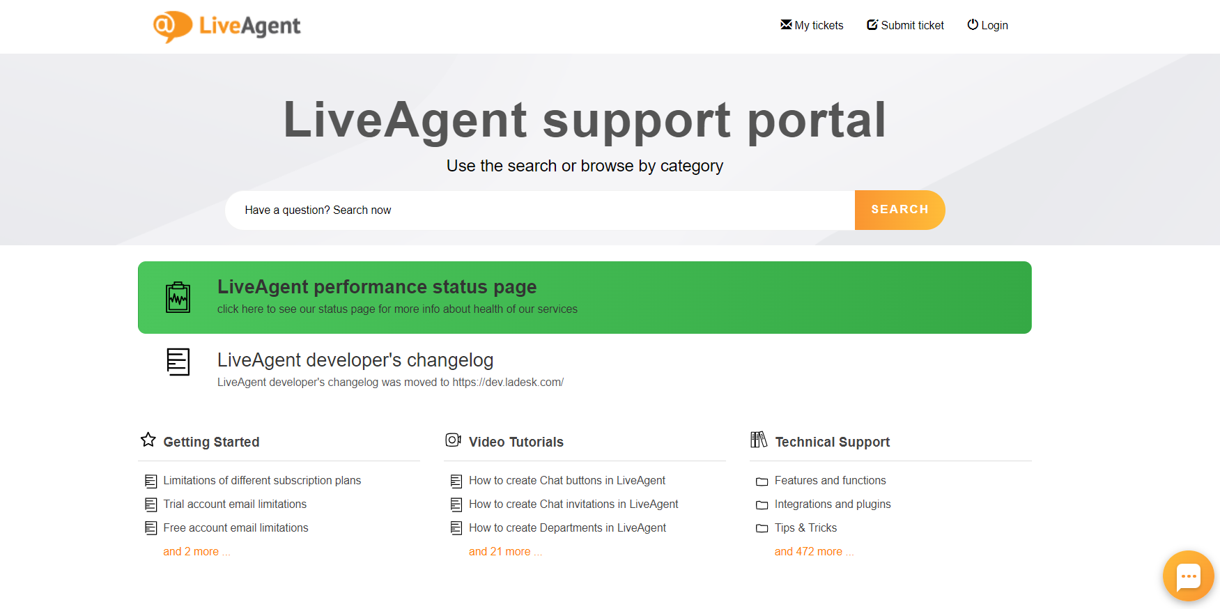 Portail client LiveAgent avec des articles organisés par catégorie