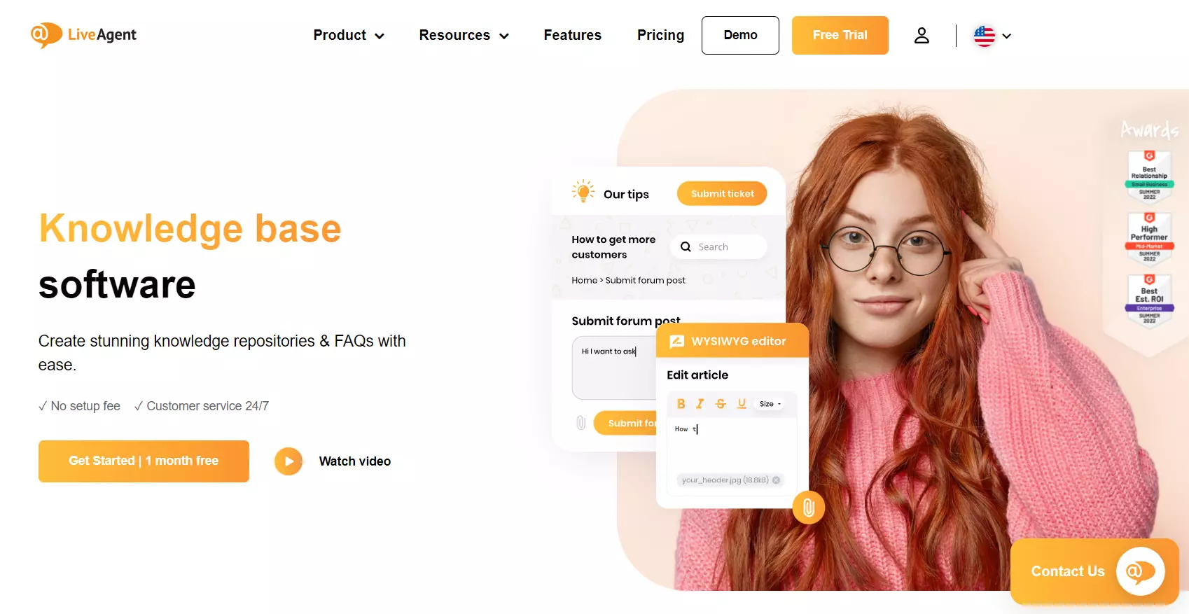 Page d'accueil attrayante de LiveAgent mettant en évidence son outil de base de connaissances