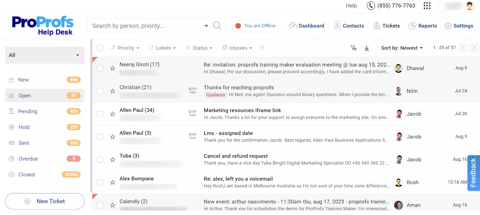 Aperçu des tickets ouverts de ProProfs Help Desk