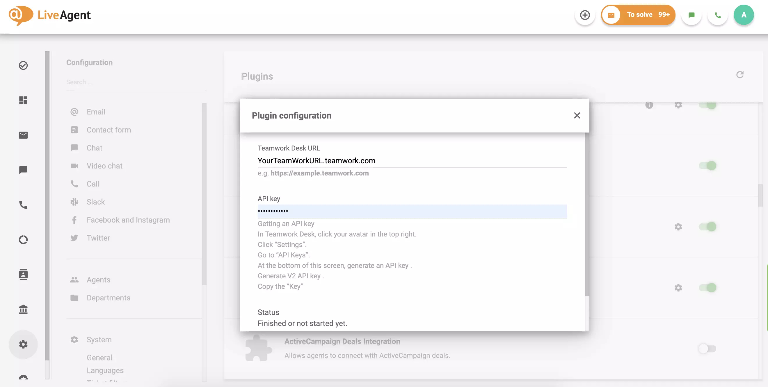 Remplissez votre URL Teamwork Desk et votre API, puis cliquez sur Enregistrer.