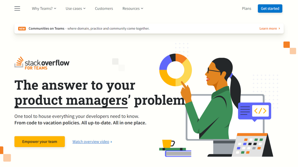 Page d'accueil de Stack Overflow for Teams, idéale pour les systèmes de base de connaissances