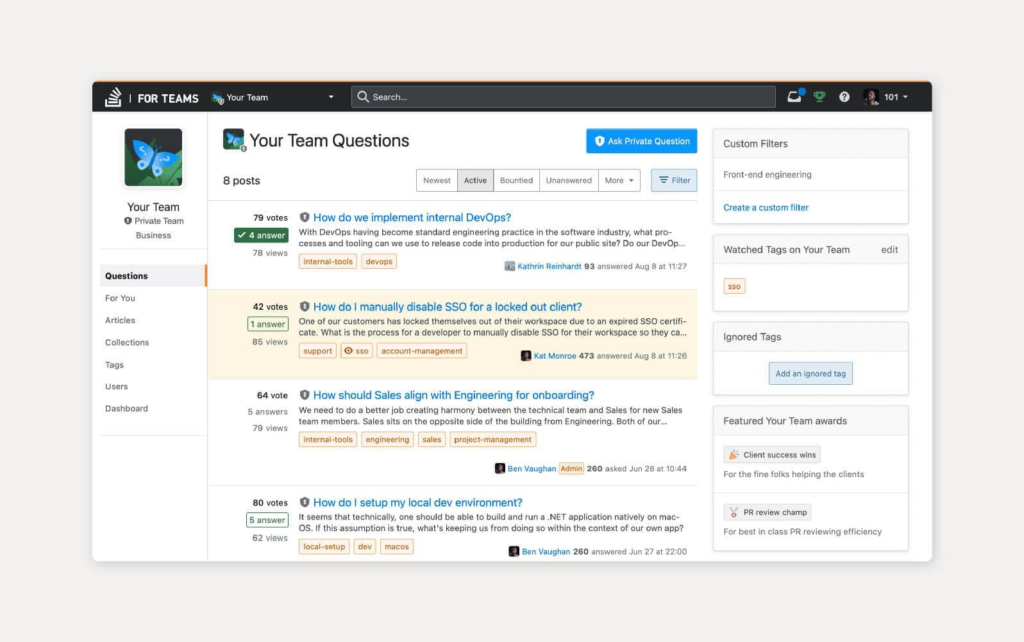 Aperçu d'un exemple d'outil de base de connaissances de Stack Overflow for Teams