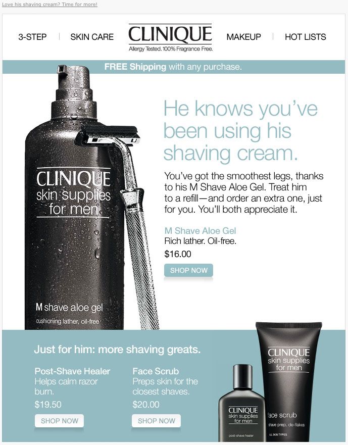 Clinique's replenishment email template urges customers to buy two bottles of shaving cream