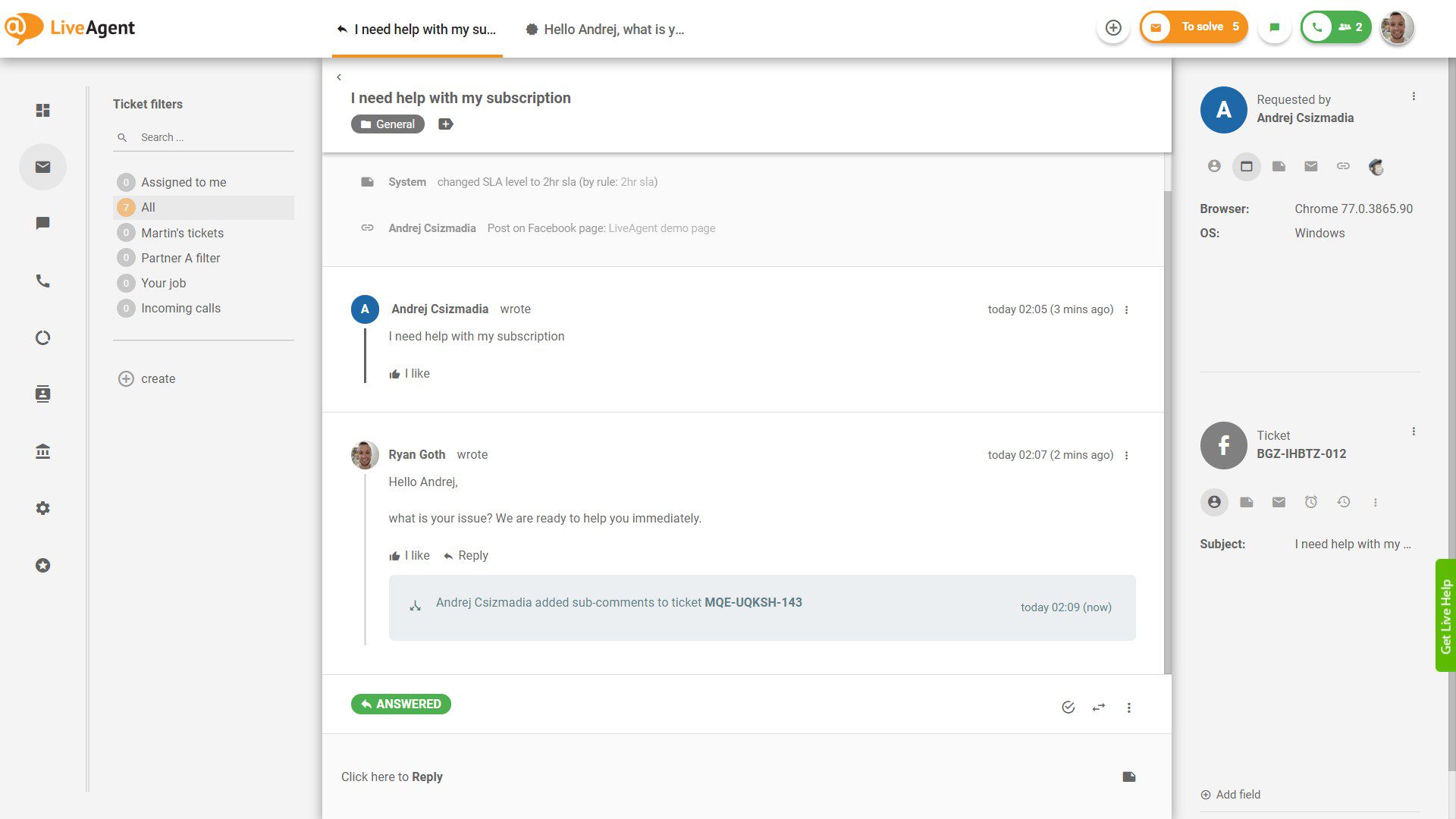 Commentaire Facebook - vue dans LiveAgent