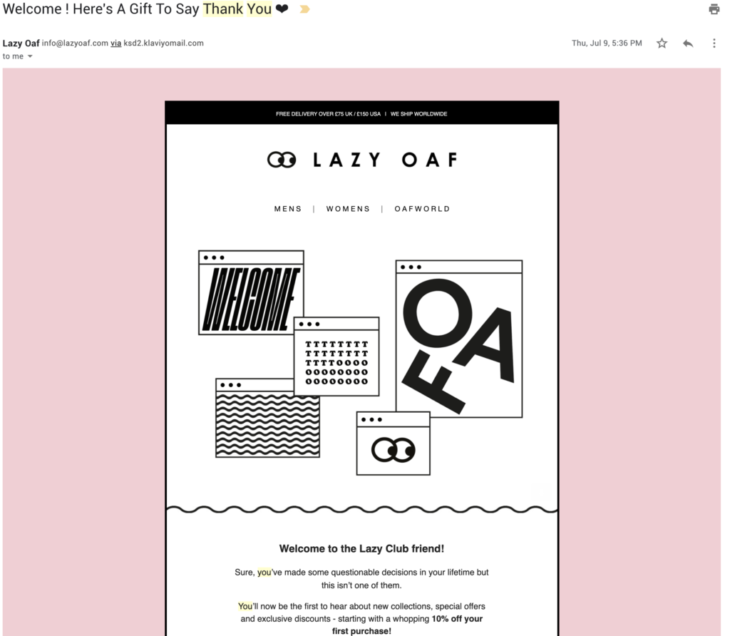Modèle d'e-mail d'appréciation client Lazy Oaf