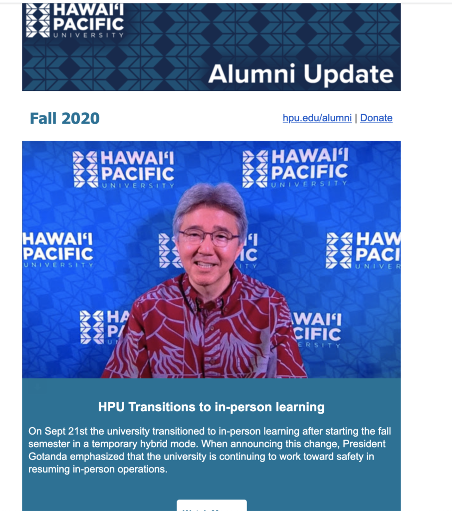 Exemple d'e-mail informatif de l'Université Hawaii Pacific