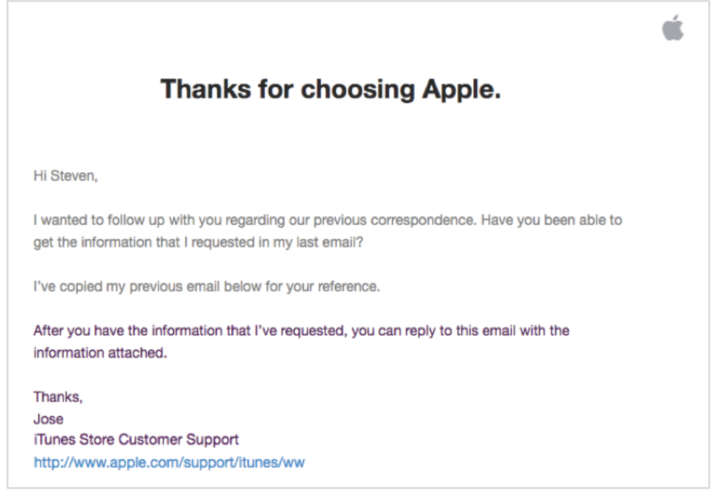Email de suivi Apple