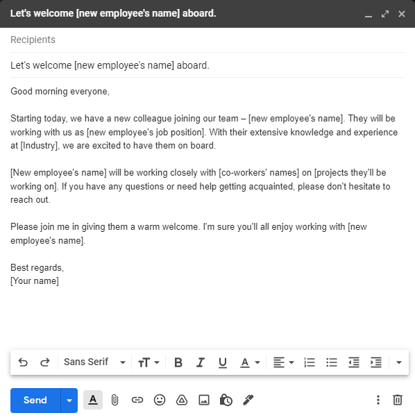 Modèle d'e-mail de bienvenue pour nouvel employé