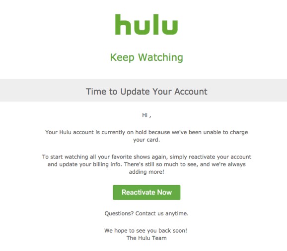 Exemple d'e-mail de relance Hulu