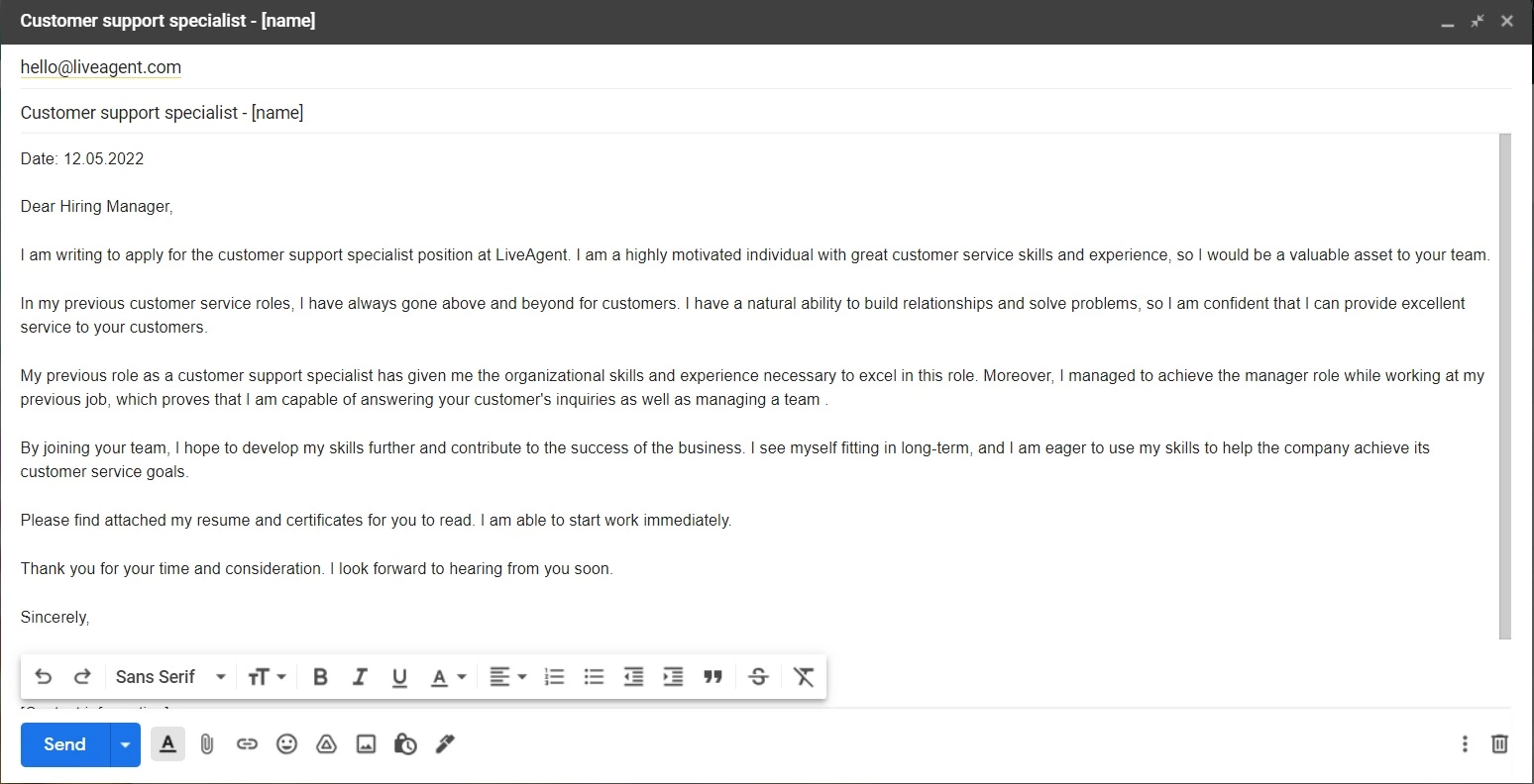 Spécialiste du support client chez LiveAgent - lettre de motivation - exemple