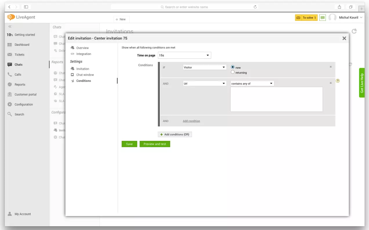 Paramètres de LiveAgent montrant comment configurer les déclencheurs de chat proactif