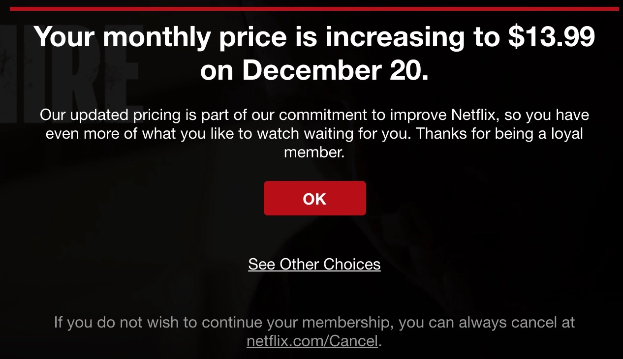 Modèle d'email d'augmentation de prix Netflix
