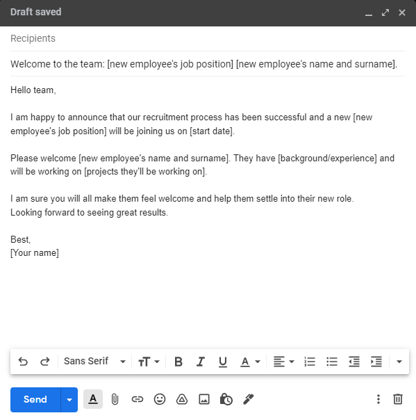 Modèle d'e-mail de bienvenue pour nouvel employé