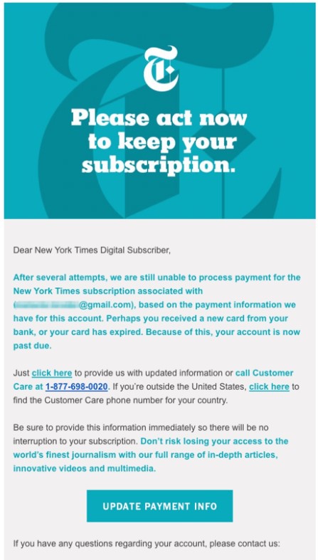 Exemple d'e-mail de relance du New York Times